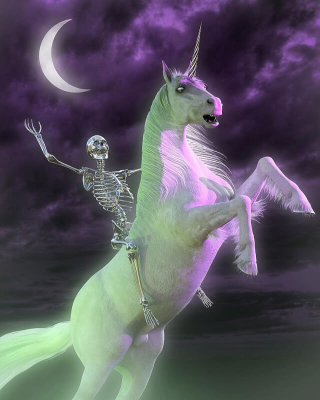 Nickeys, skeleton riding Unicorn